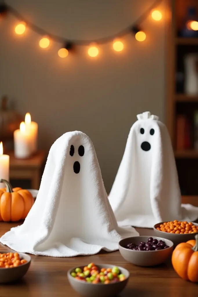 Rolled towel ghosts with marker faces on a table, perfect for playful kid-friendly Halloween décor.