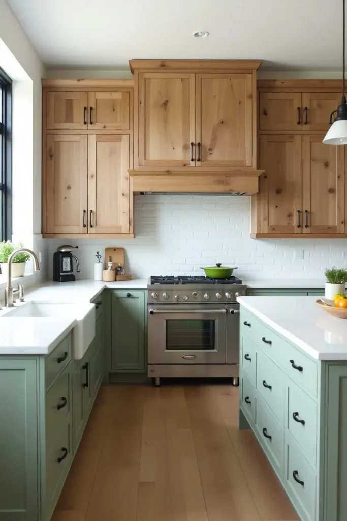 Kitchen with sage green lowers, reclaimed wood uppers, and white counters for an airy, modern-rustic feel.