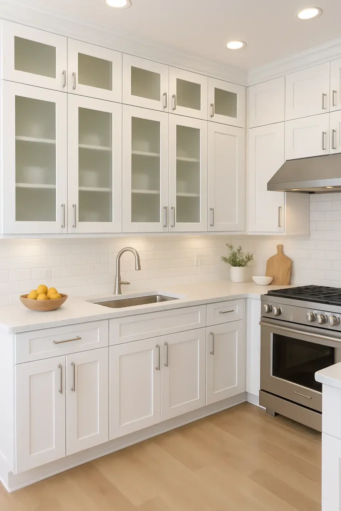 White kitchen cabinets with shaker trim and frosted glass inserts, paired with brushed nickel handles.