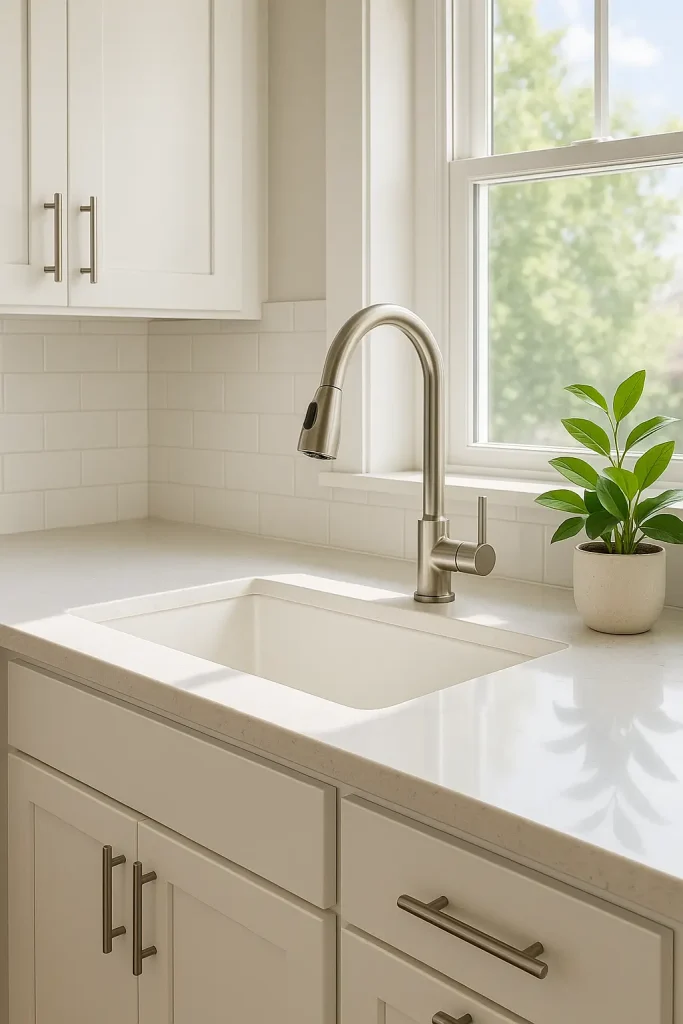 Bright kitchen with brushed nickel pull-down faucet, white counters, and natural light by the sink.