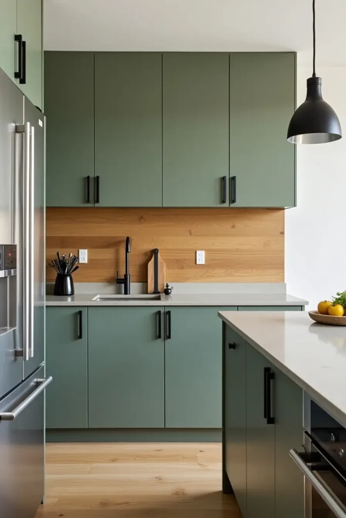 Urban-chic kitchen with sage cabinets, hickory accents, concrete counters, and sleek black hardware.