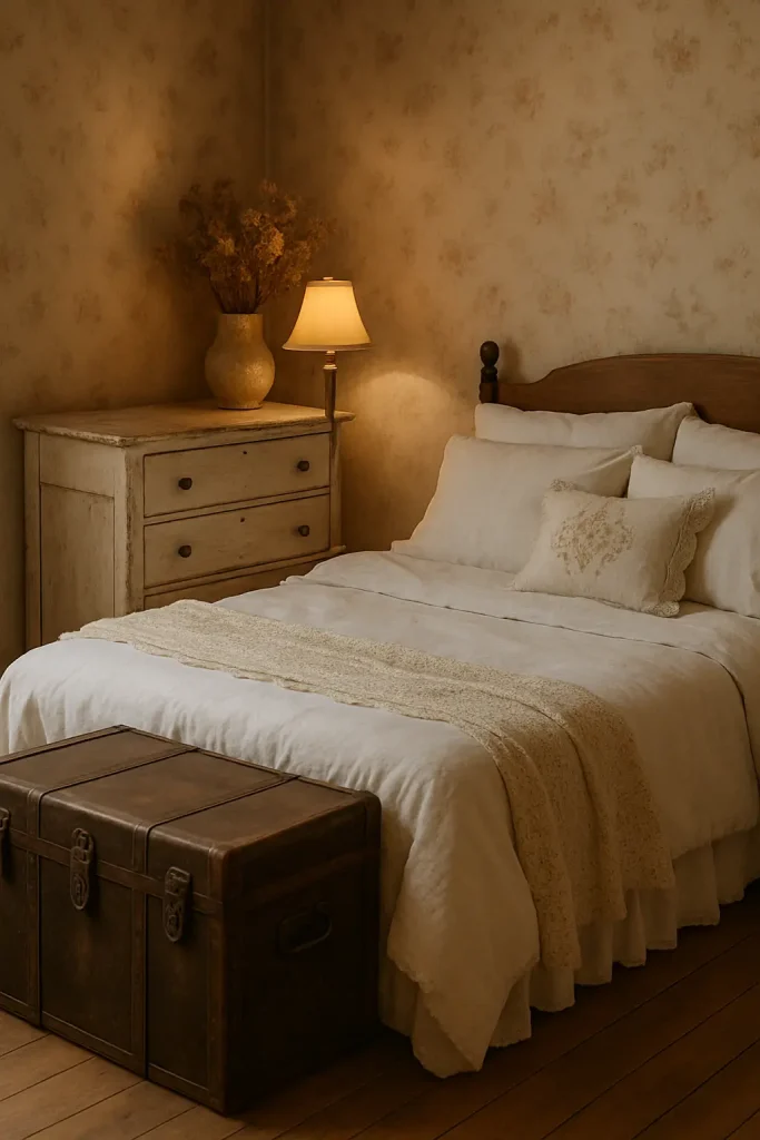 Vintage cozy bedroom with antique trunk, lace bedding, distressed dresser, and warm brass lighting.