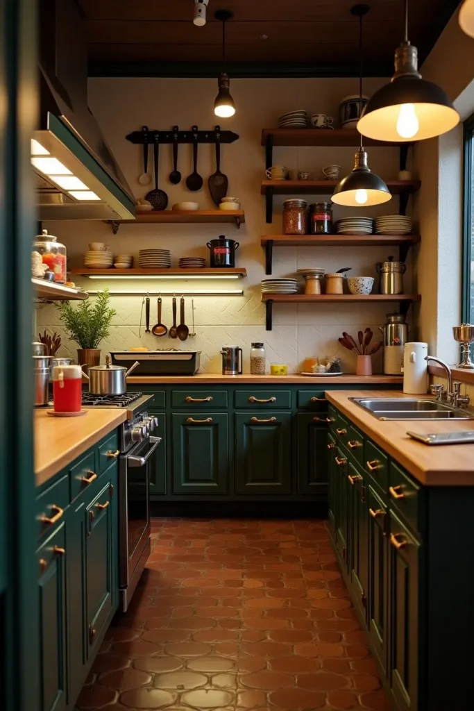 Vintage open kitchen with retro tools, worn wood, and patterned tiles creating cozy café charm.