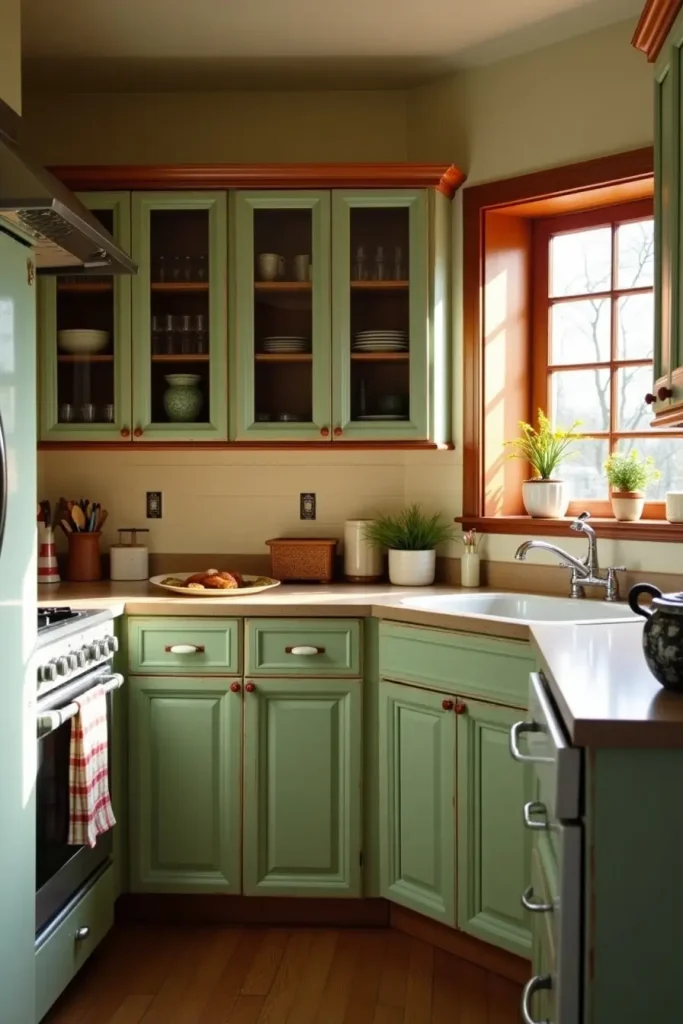 Vintage kitchen with sage and cherry wood cabinets, cream counters, and lightly distressed edges.
