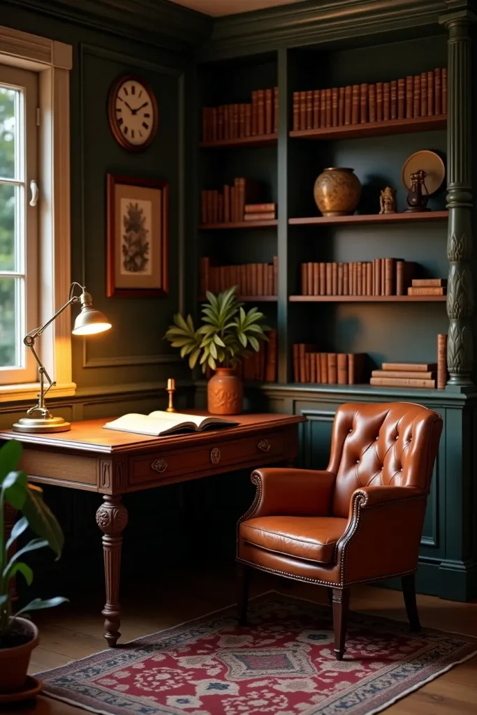 Vintage study with antique desk, brass lamp, leather chair, old books, rug, and classic wall clock.