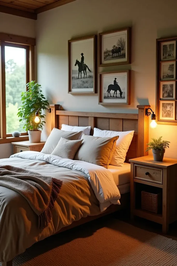 Western bedroom with vintage cowboy and desert prints above bed, neutral bedding, and greenery outside.