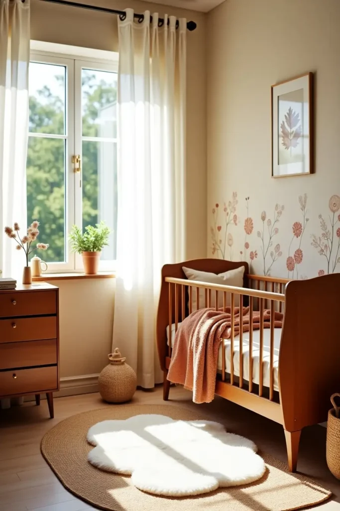 Boho nursery with vintage wooden crib, pastel mural, layered rugs, and warm earthy accents.