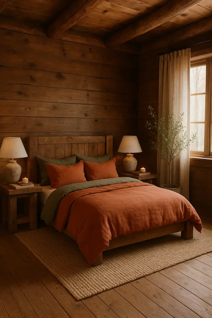 Rustic cozy bedroom with wood headboard, earthy tones, jute rug, and warm ambient lighting.