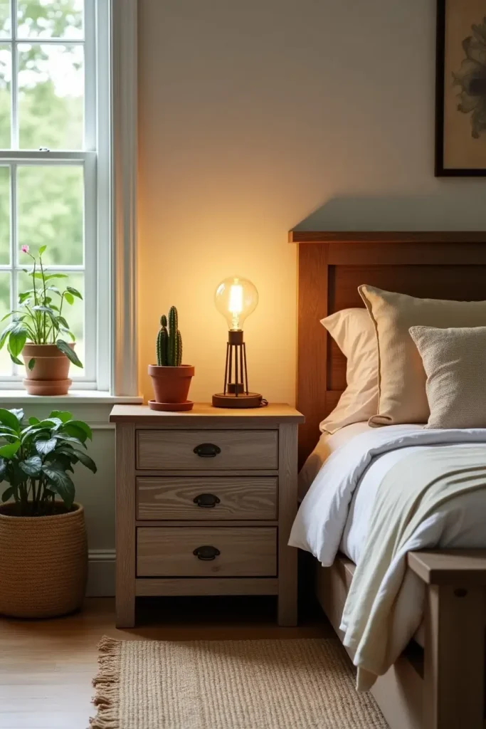 Western bedroom with weathered wood nightstands, cactus decor, neutral bedding, and greenery outside.