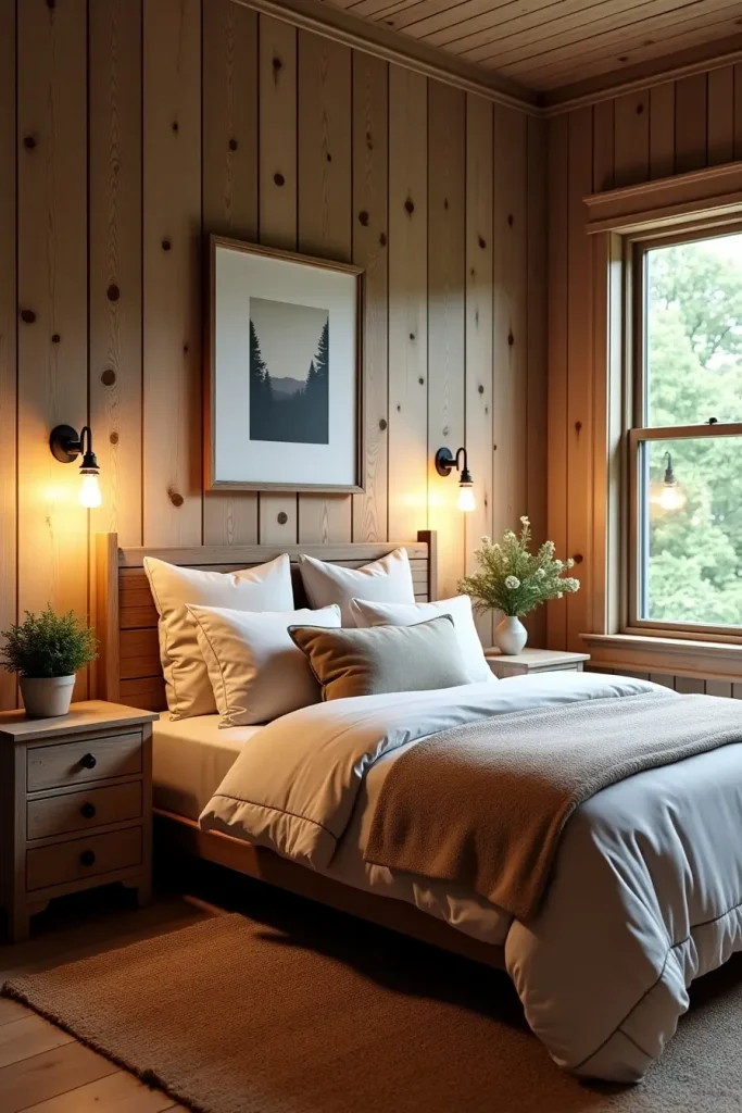 Western bedroom with weathered wood panel wall, neutral bedding, jute rug, and greenery outside window.