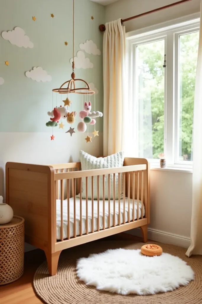 Boho nursery with pastel animal and star felt mobile, sky mural, oak crib, and layered rugs.