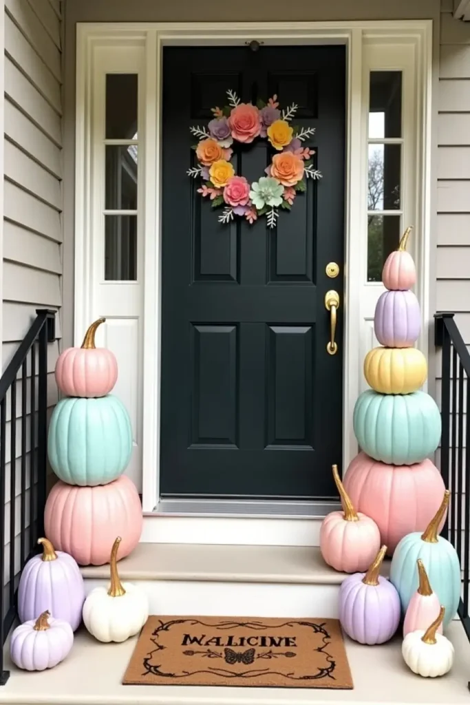 Front porch with pastel stacked pumpkins in lavender, pink, and mint, glowing with fairy lights.