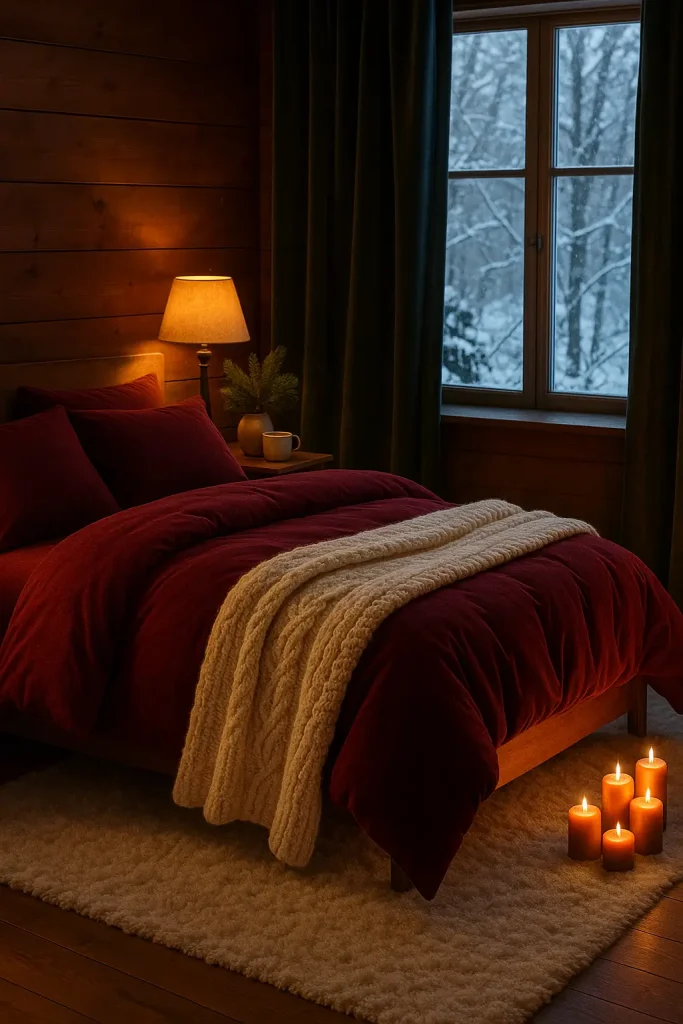 Winter cozy bedroom with flannel bedding, knit throw, candles, and deep burgundy and green tones.