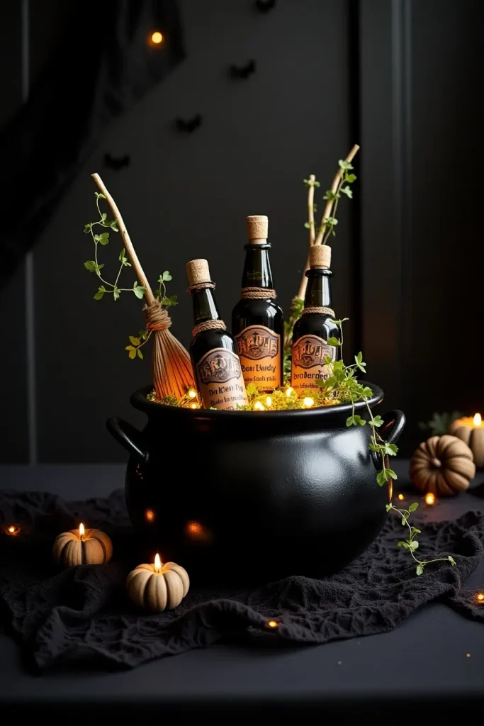 Black cauldron with potion bottles, broomsticks, and ivy glowing as a witchy Halloween centerpiece.