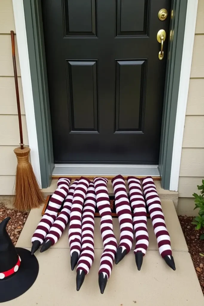 Halloween porch with stuffed witch legs, broom, and hat creating a funny crashed entrance look.