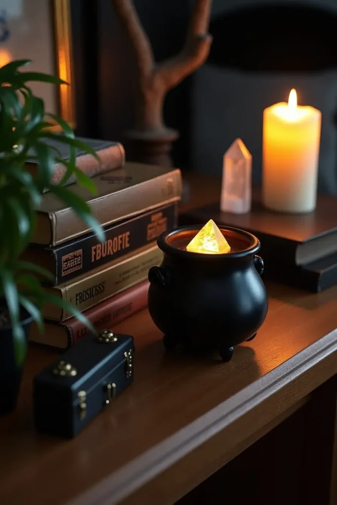 Witchy nightstand with black cauldron, spooky books, crystal, and plant for a mystical Halloween look.