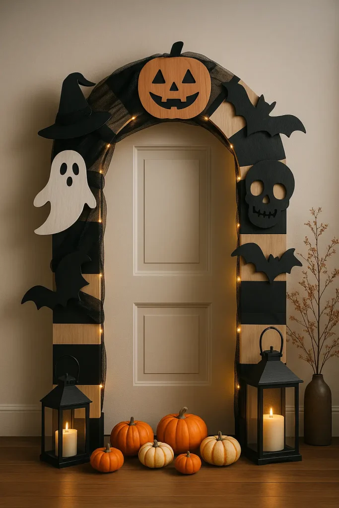 Modern wood cutout arch with black mesh ribbon, pumpkins, and lanterns for a trendy 2025 Halloween look.

