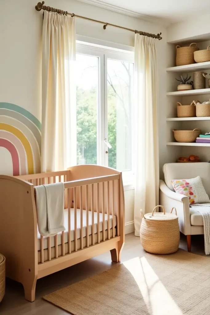 Boho nursery with woven seagrass baskets, wooden crib, layered rugs, and pastel rainbow mural.