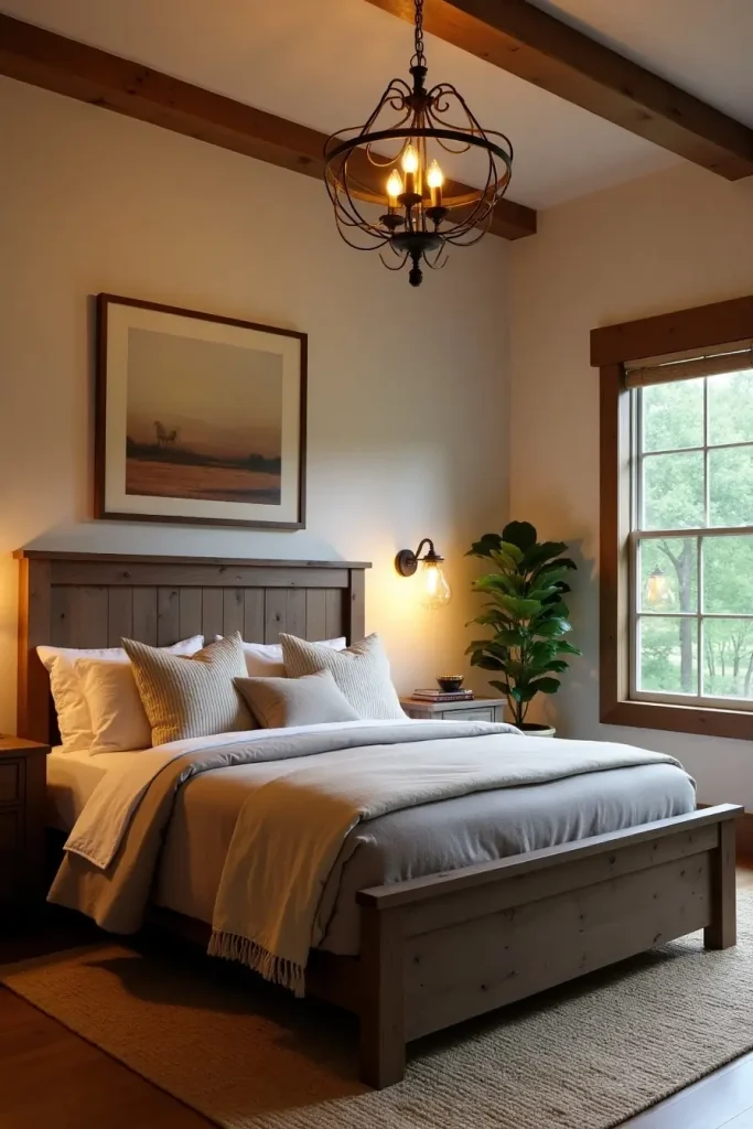 Western bedroom with wrought-iron chandelier, warm Edison bulbs, neutral bedding, and greenery outside.