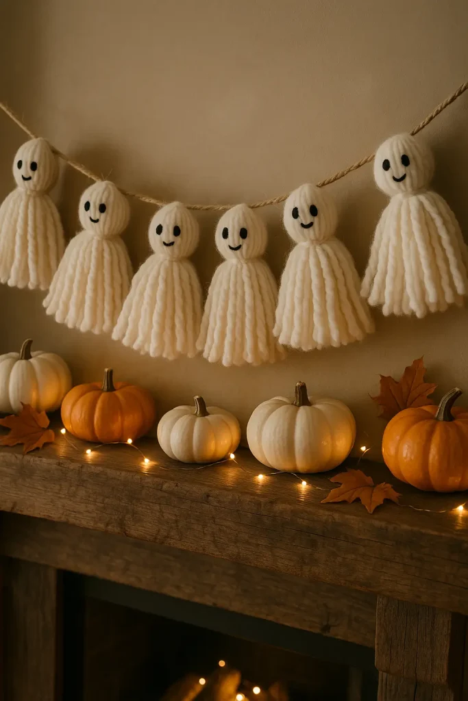 Yarn ghost garland draped on a cozy mantel with pumpkins and warm lights for soft Halloween charm.

