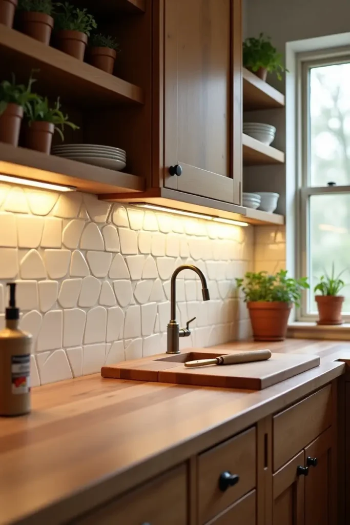 Cream Zellige tile backsplash with glossy, wavy texture, warm wood cabinets, and rustic kitchen charm.