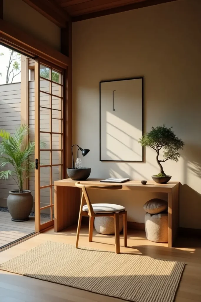 Zen-inspired office with neutral tones, low desk, cushion, bamboo mat, and soothing fountain decor.