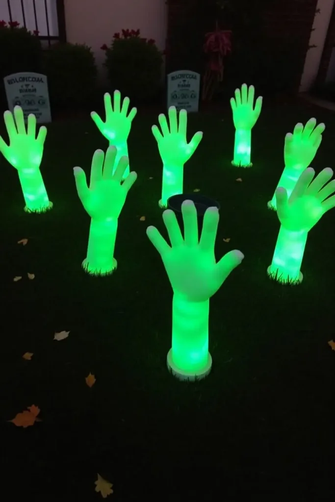 Haunted porch with torn curtains, pumpkins, skulls, and glowing fairy lights.