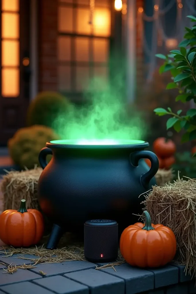 Halloween yard with glowing cauldron and hidden speaker playing eerie crow and wind sounds subtly.