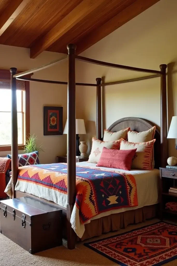 Boho western bedroom with Aztec quilt on four-poster bed, rococó throws, and rustic decor accents.