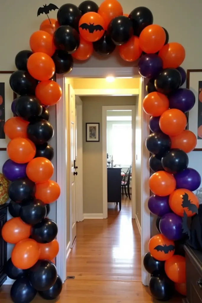 “Halloween balloon garland arch in orange, black, and purple with bats for festive party entrance.”