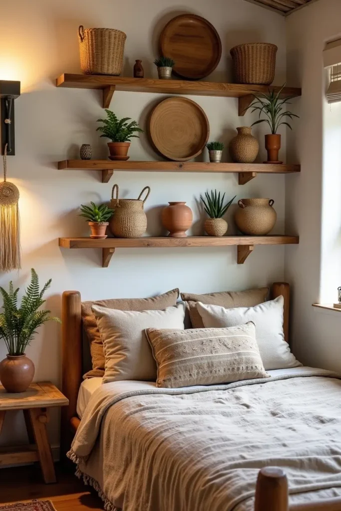 Western boho bedroom shelves with woven baskets, pottery, and plants styled in earthy rustic harmony.
