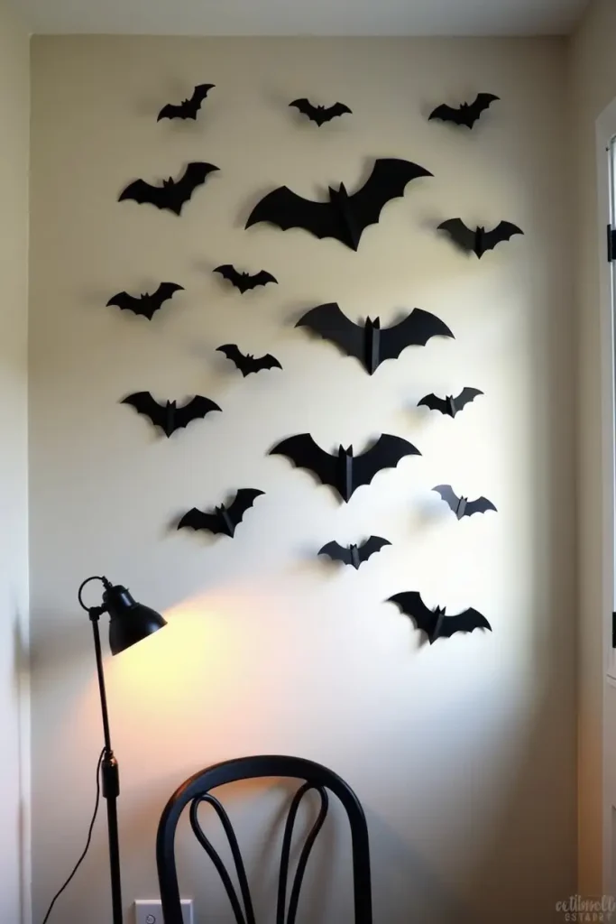 “Black bat wall silhouettes with shadow play and glitter accents for a spooky Halloween entryway.”