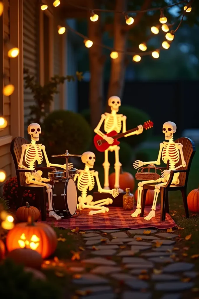 Playful Halloween skeletons posed as a band with fairy lights, picnic props, and pumpkins.