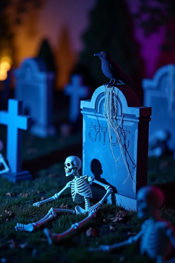 Halloween graveyard scene with tombstones, skeletons, cobwebs, and eerie blue-purple lighting.