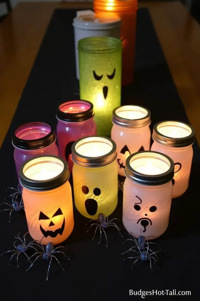 “Creepy mason jar candle centerpieces with spooky faces, LED lights, and faux spiders for Halloween.”