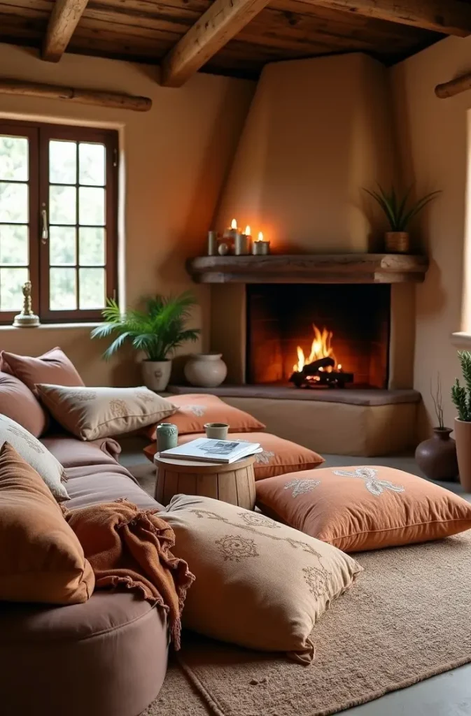 Earth-tone floor pillows in terracotta and olive arranged by a fireplace for a cozy western boho lounge.
