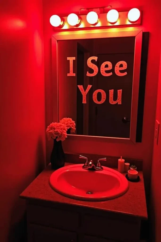“Bathroom mirror with ‘I See You’ message lit by red LEDs, creating a creepy Halloween surprise.”