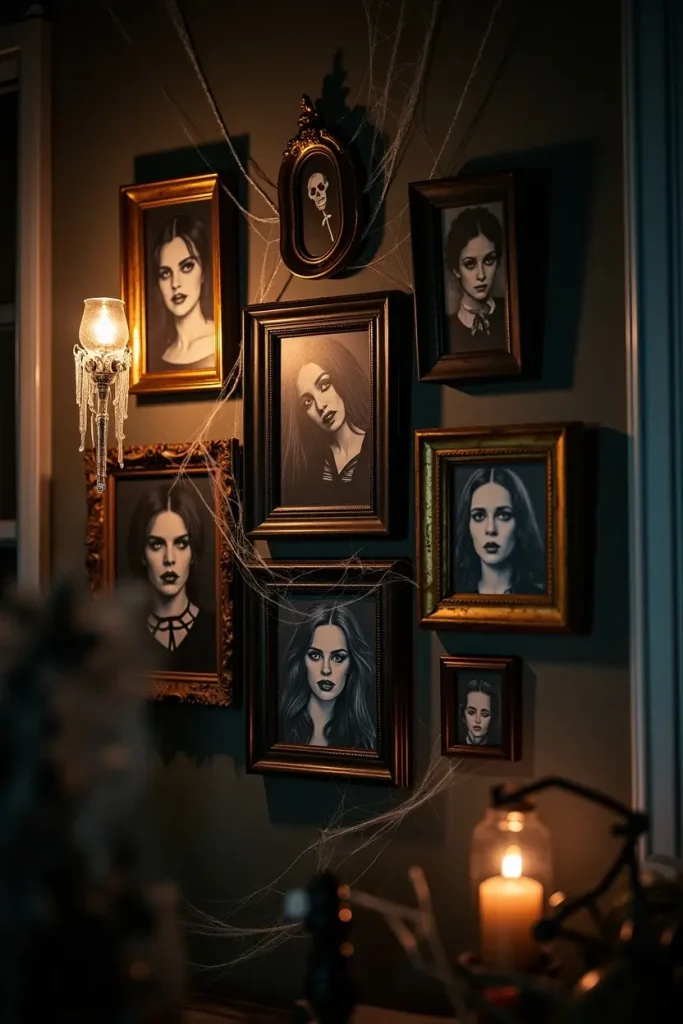 “Gallery wall with haunted black-and-white portraits and cobwebs for spooky Halloween wall decor.”