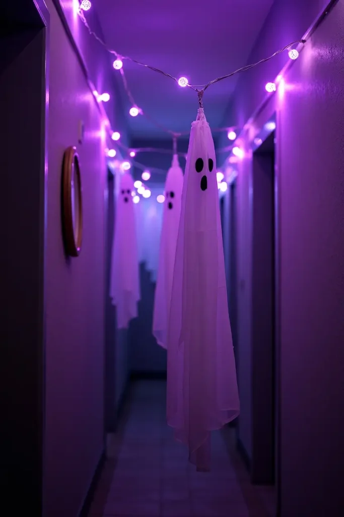 “Floating balloon ghosts with sheer fabric and purple lights glowing in a spooky Halloween hallway.” 🎃👻