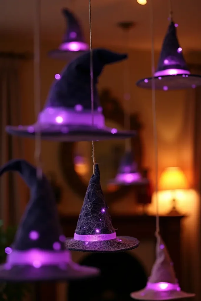 “Floating witch hats with glowing lights hang from the ceiling, creating a magical Halloween party scene.”