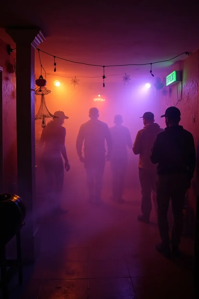 “Halloween party fog machine with colored lights creating eerie misty floor and spooky ambiance.”