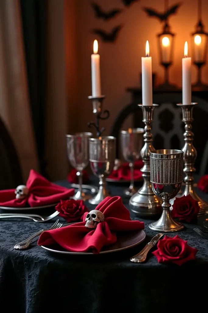 “Elegant gothic Halloween dining table with black lace, red napkins, skulls, and roses in a chic setup.”
