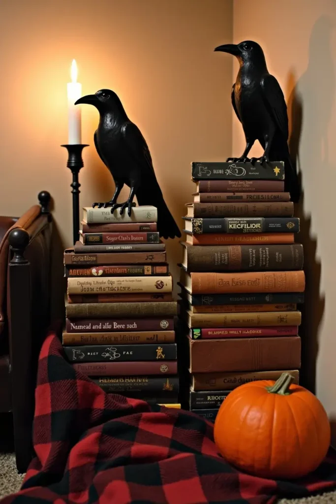 Haunted book nook with old books, crow figurines, and candlelight for a cozy Halloween corner.”