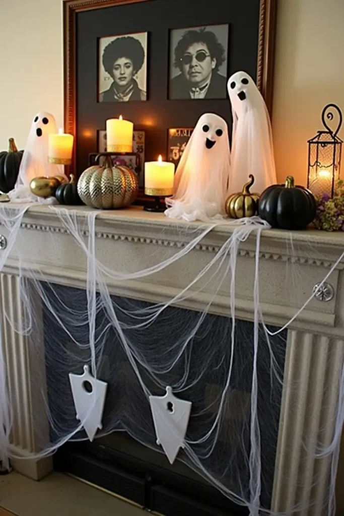 Haunted mantel with cheesecloth ghosts, cobwebs, metallic pumpkins, and glowing LED candles.