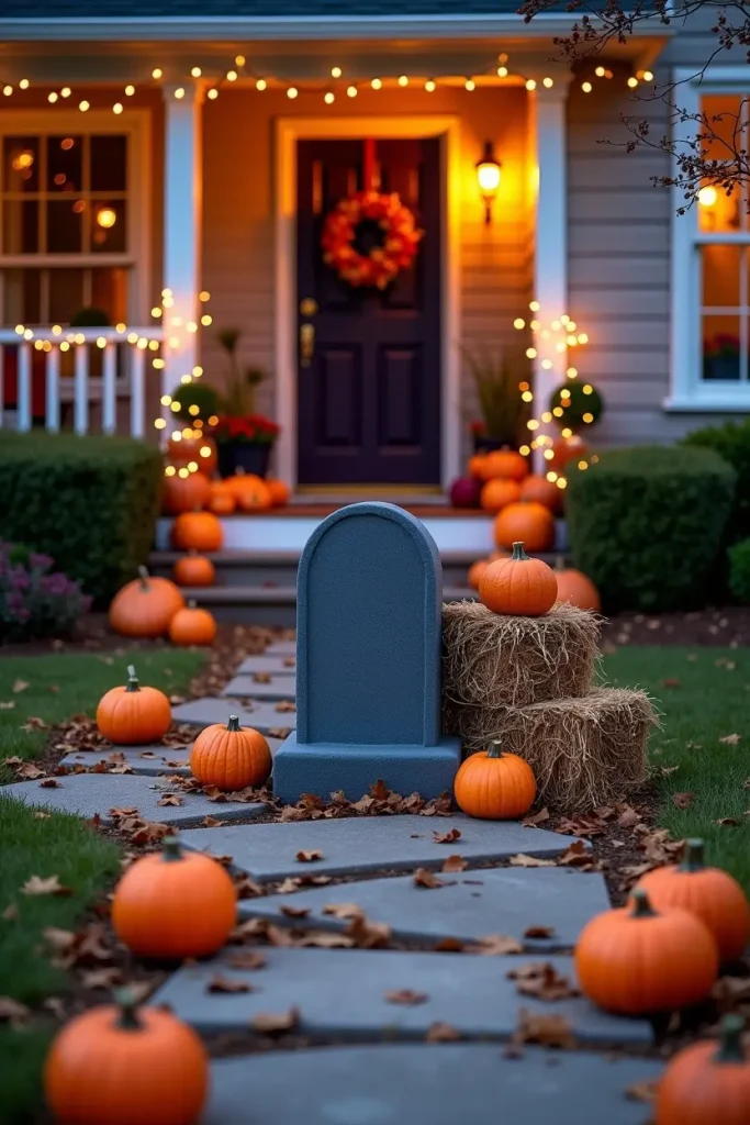 Halloween yard with tombstone, pumpkins, cobwebs, and warm lights creating a safe spooky vibe.