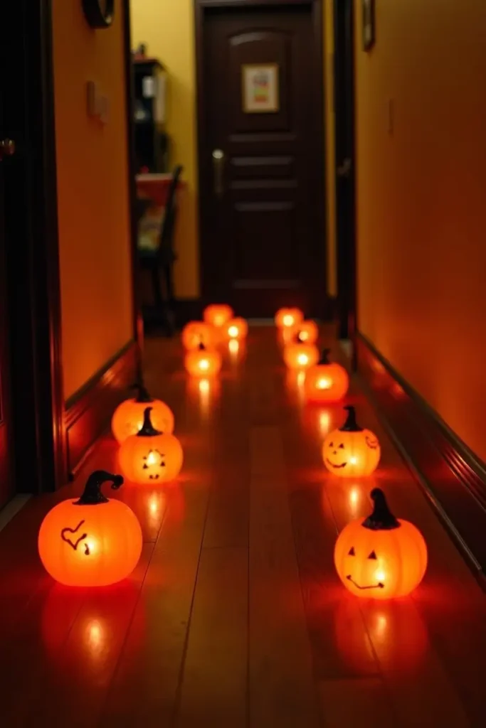 “Hallway lined with glowing faux pumpkins of various sizes, creating a festive Halloween pathway.”