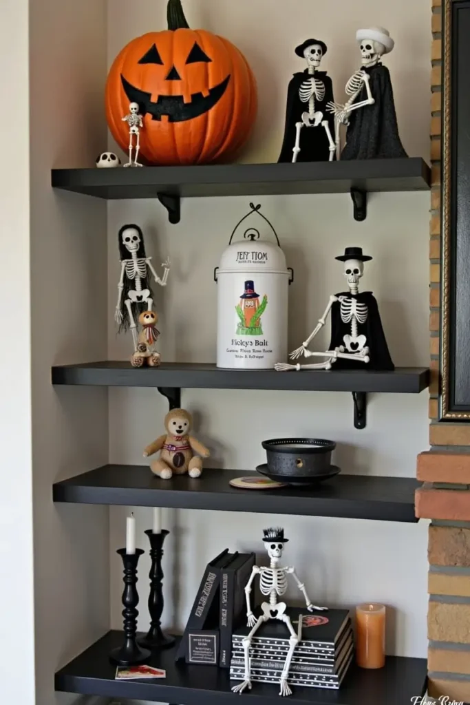 “Mini skeletons with hats and capes sit on shelves, adding quirky charm to playful Halloween decor.”