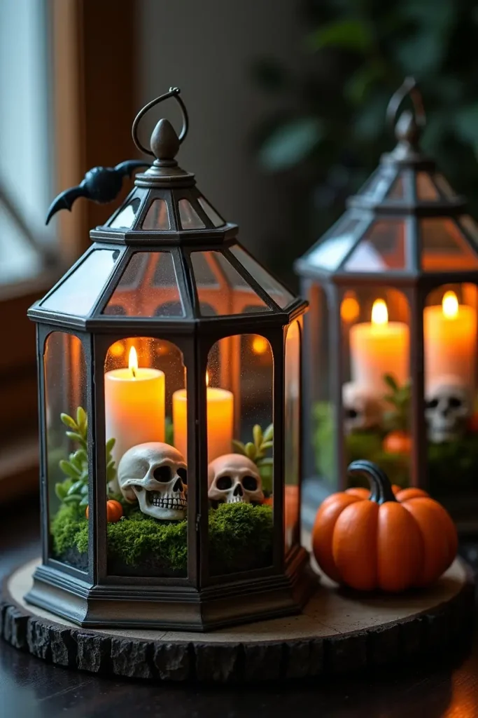 “Glass terrariums with moss, skulls, and LED candles create a haunted greenhouse Halloween accent.”