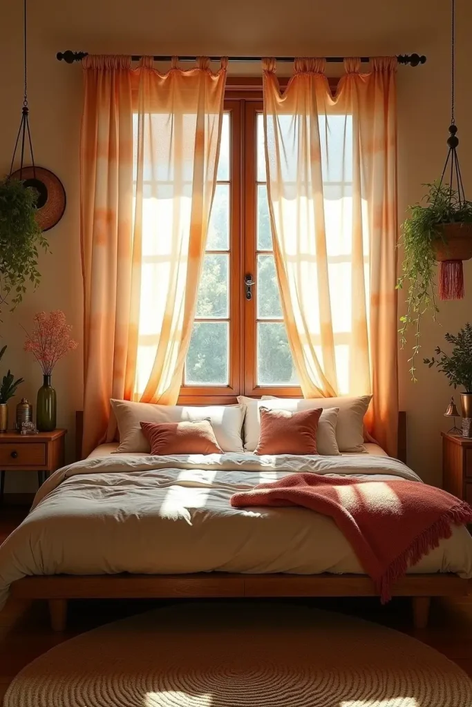 Earthy tie-dye curtains filter sunlight in a cozy boho western bedroom with natural textures and warmth.
