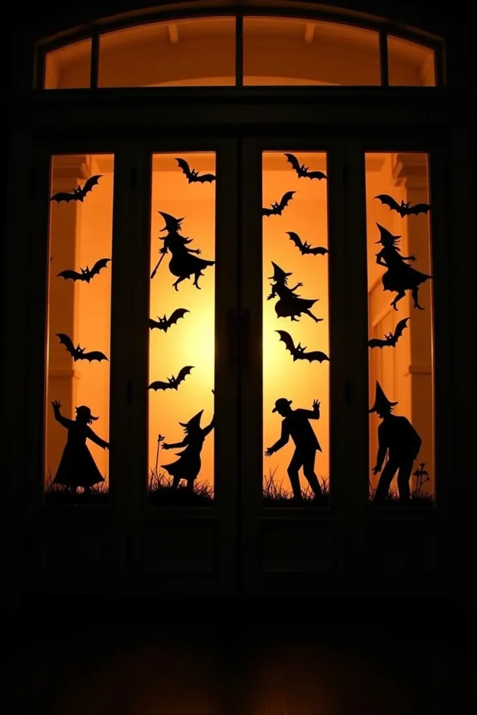 “Spooky window silhouettes of witches and zombies with backlighting for dramatic Halloween effect.”